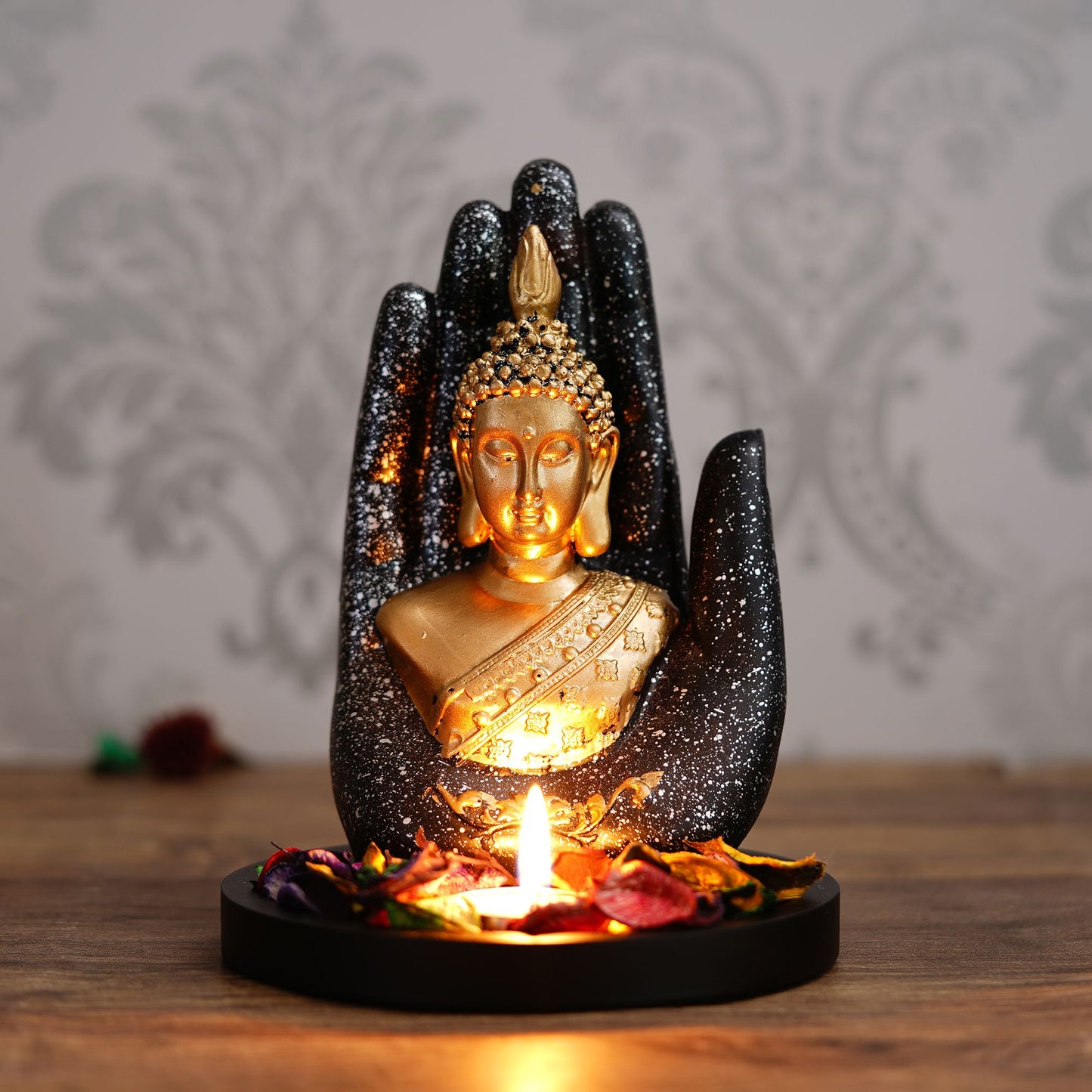 Golden Silver Handcrafted Palm Buddha with Wooden Base, Fragranced Petals and Tealight