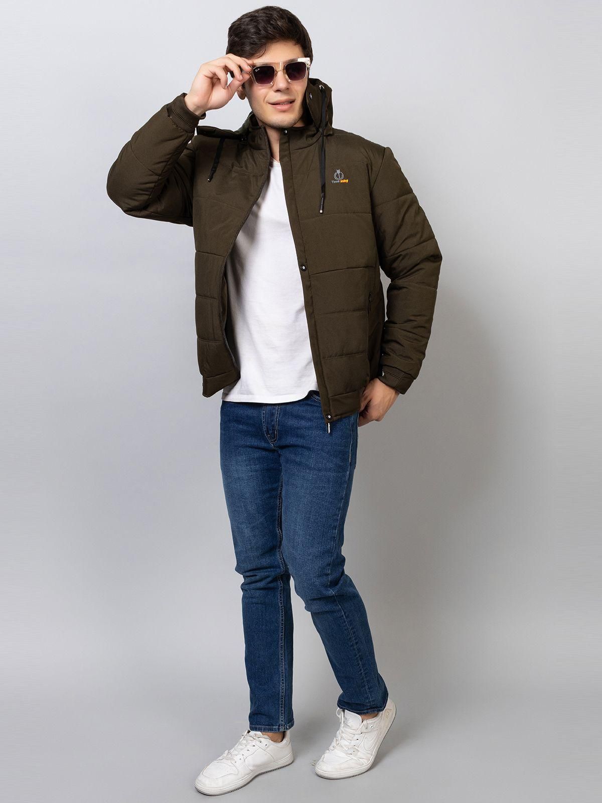Men's Full Sleeve Bomber Hooded Olive Jacket