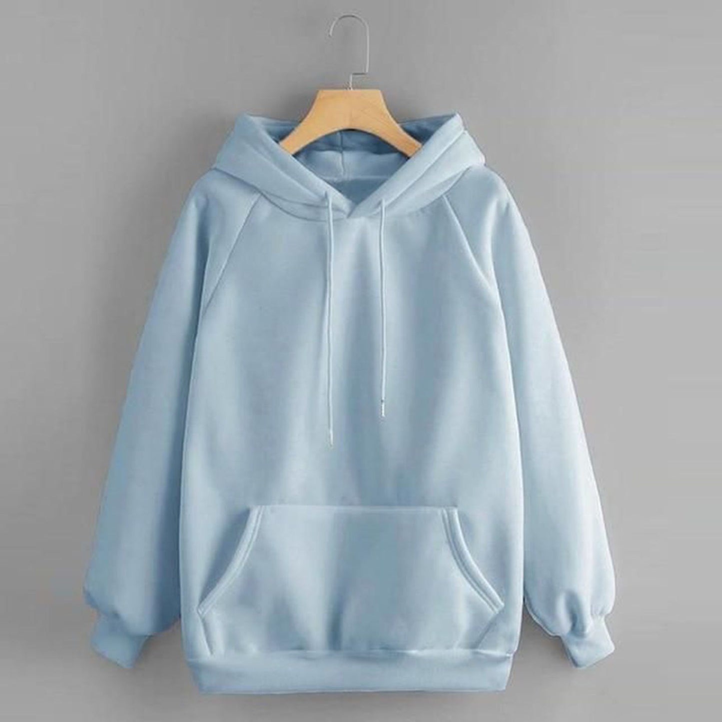 Sky Blue Solid Fleece Hoody Regular Fit Long Sleeve Womens Sweatshirt