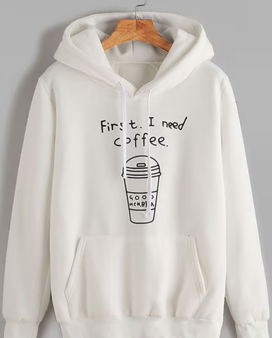 White Printed Fleece Hoody Regular Fit Long Sleeve Womens Sweatshirt