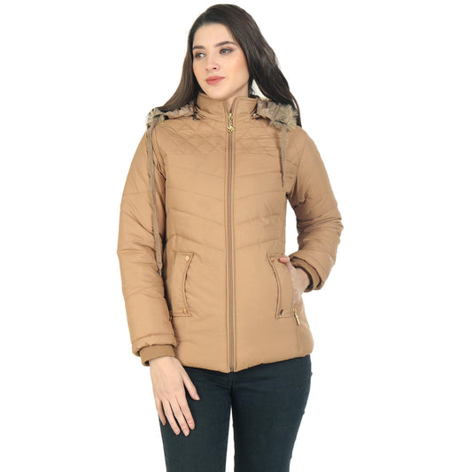 Women's Beige Winter Wear Full Sleeve Solid Puffer Jacket Success