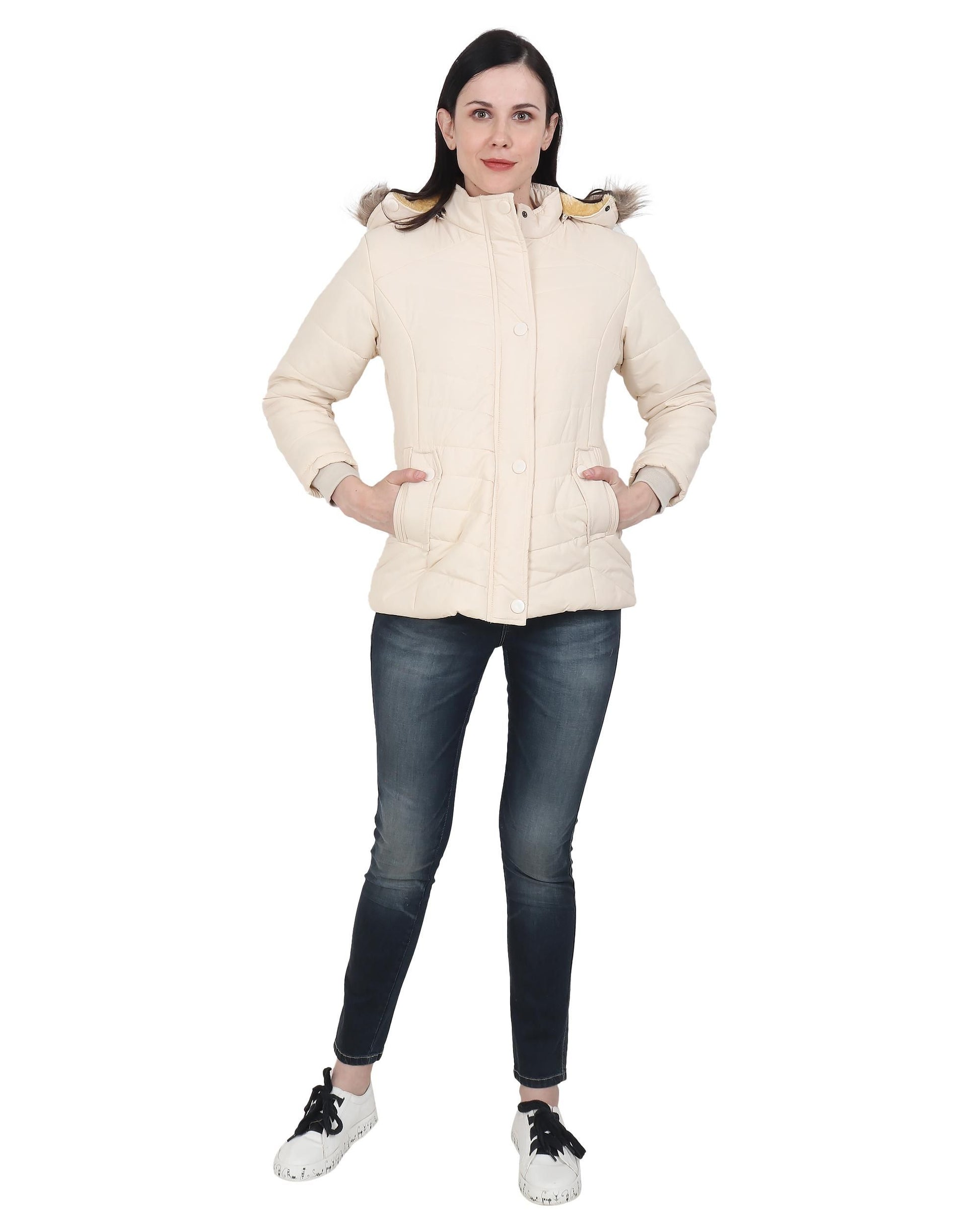 Women's Cream Winter Wear Full Sleeve Solid Puffer Jacket