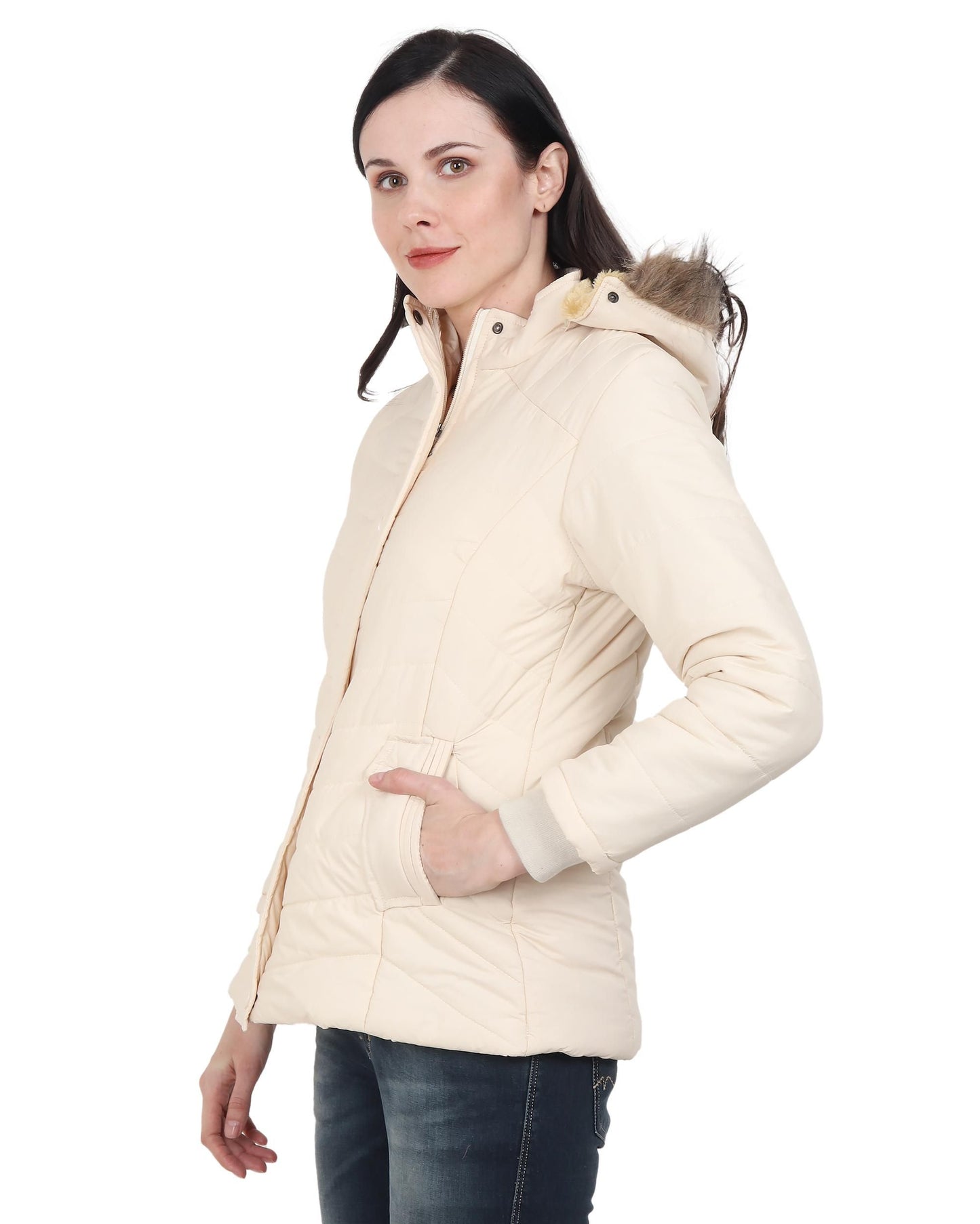 Women's Cream Winter Wear Full Sleeve Solid Puffer Jacket