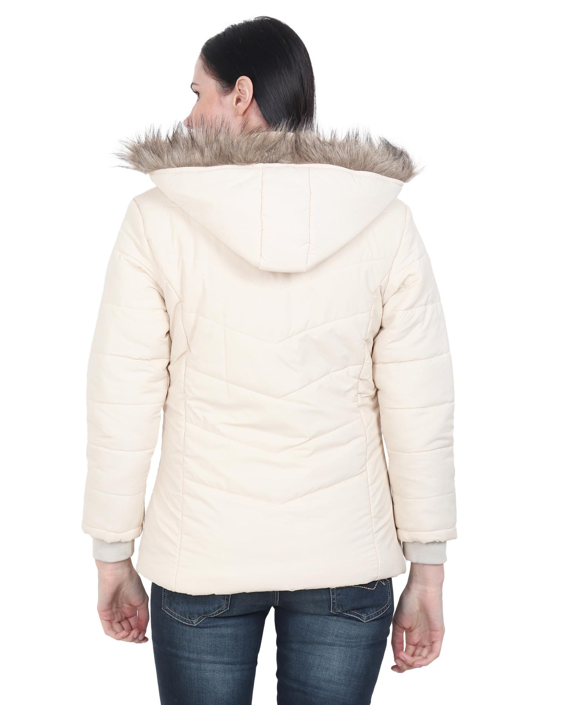 Women's Cream Winter Wear Full Sleeve Solid Puffer Jacket