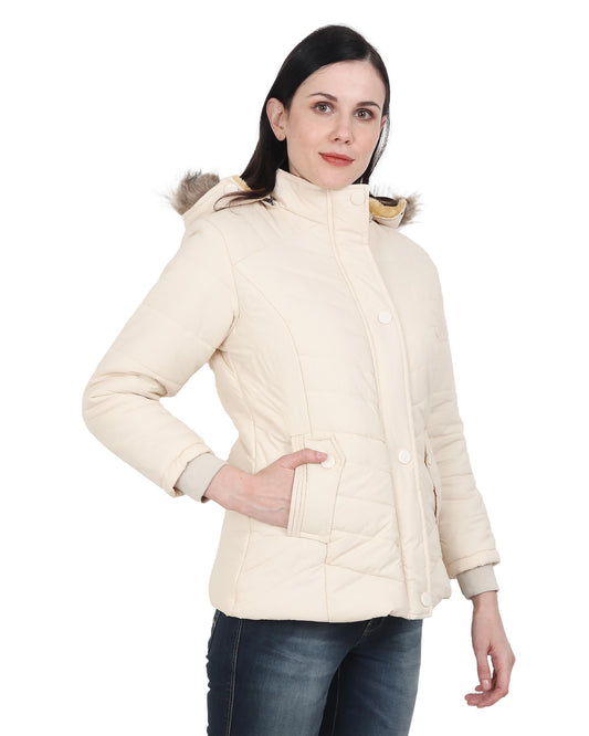 Women's Cream Winter Wear Full Sleeve Solid Puffer Jacket