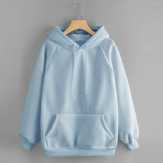 Sky Blue Solid Fleece Hoody Regular Fit Long Sleeve Womens Sweatshirt