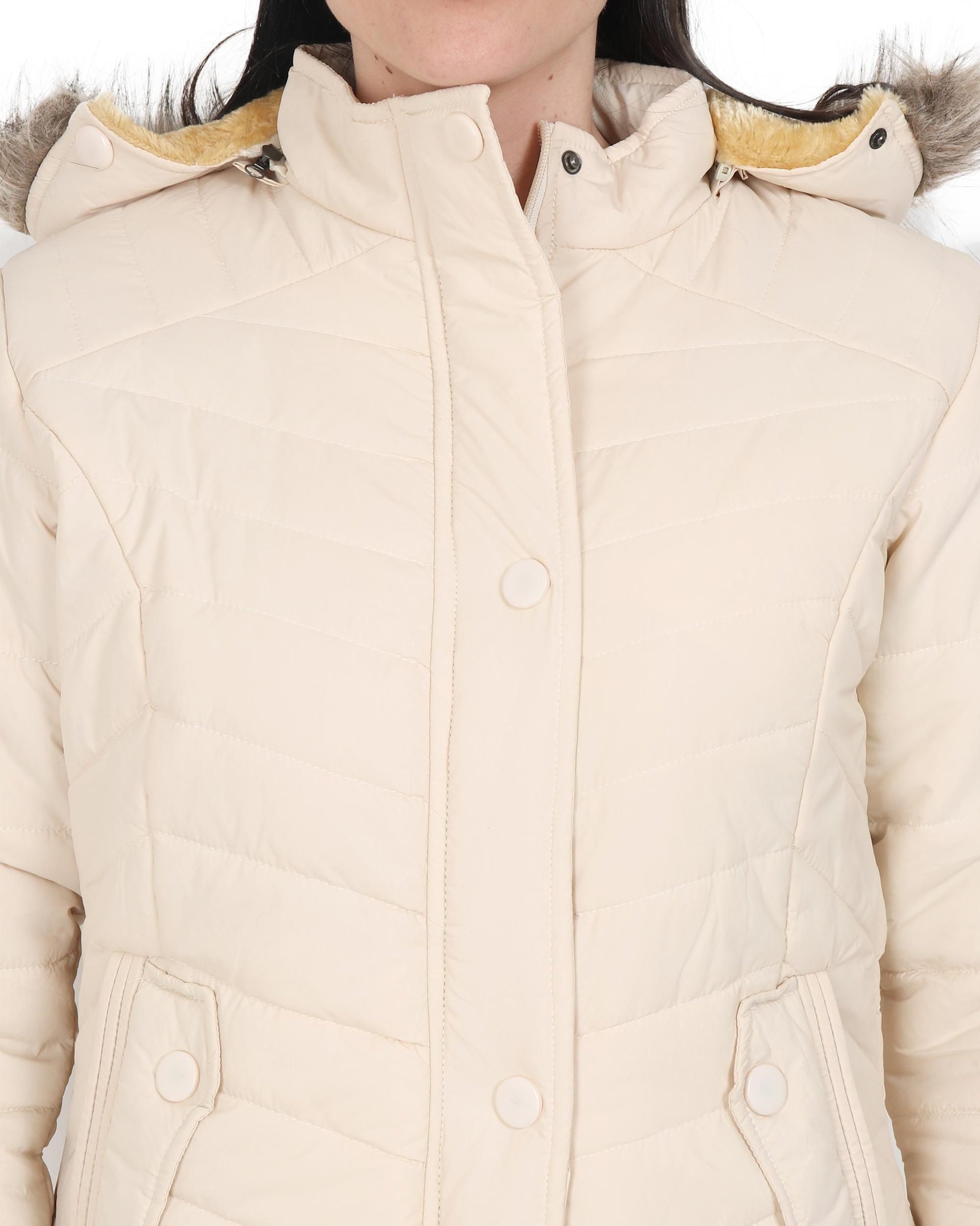 Women's Cream Winter Wear Full Sleeve Solid Puffer Jacket
