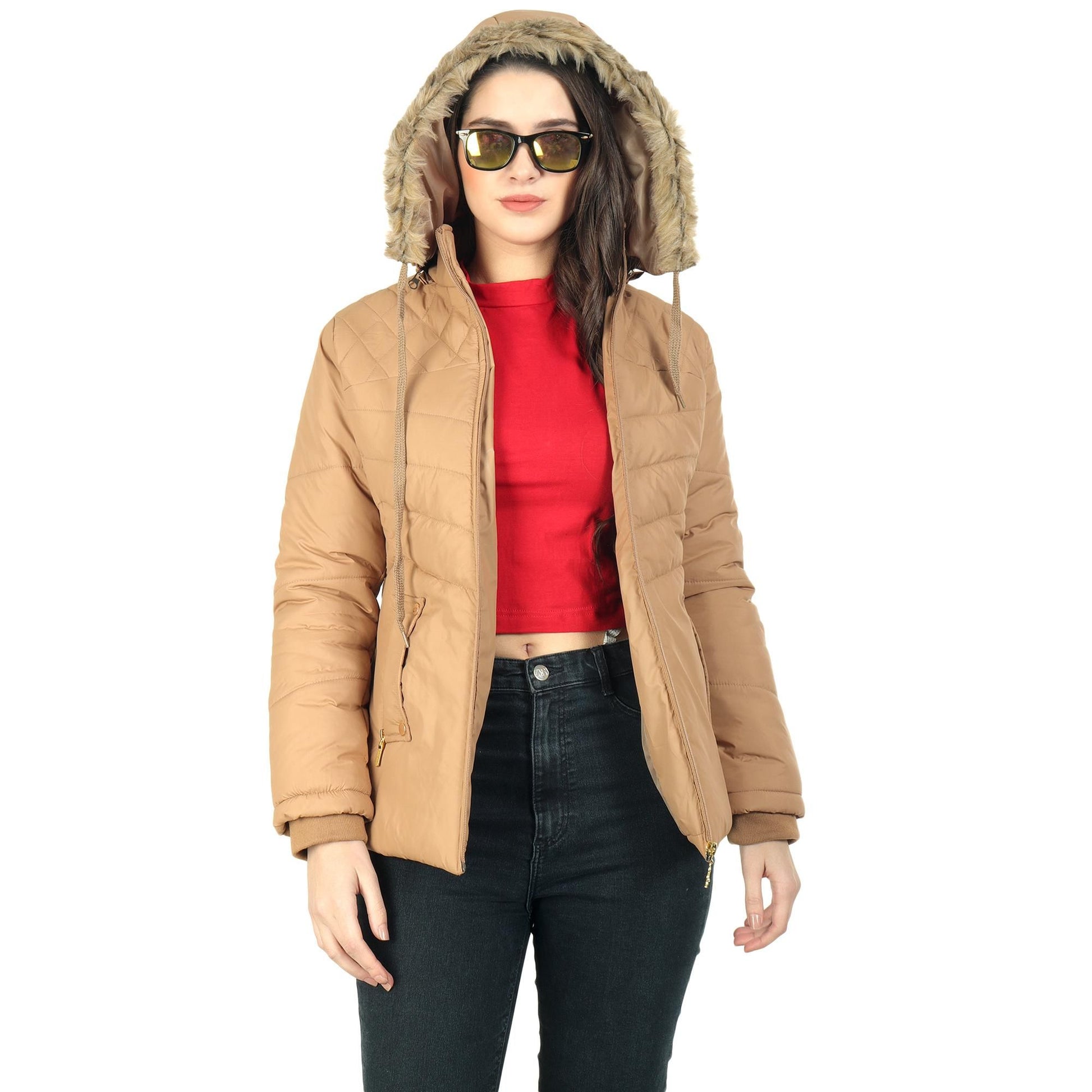 Women's Beige Winter Wear Full Sleeve Solid Puffer Jacket Success
