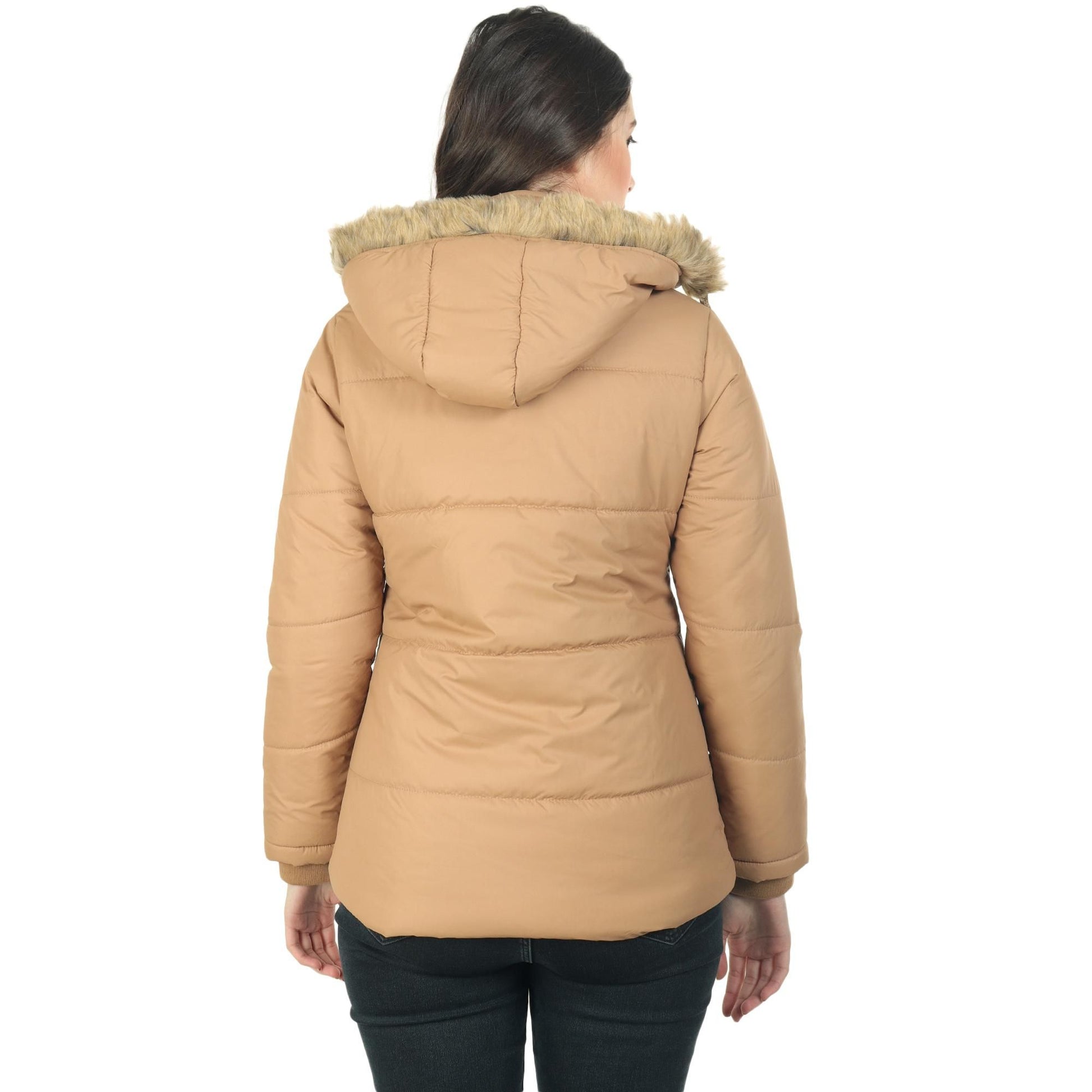 Women's Beige Winter Wear Full Sleeve Solid Puffer Jacket Success