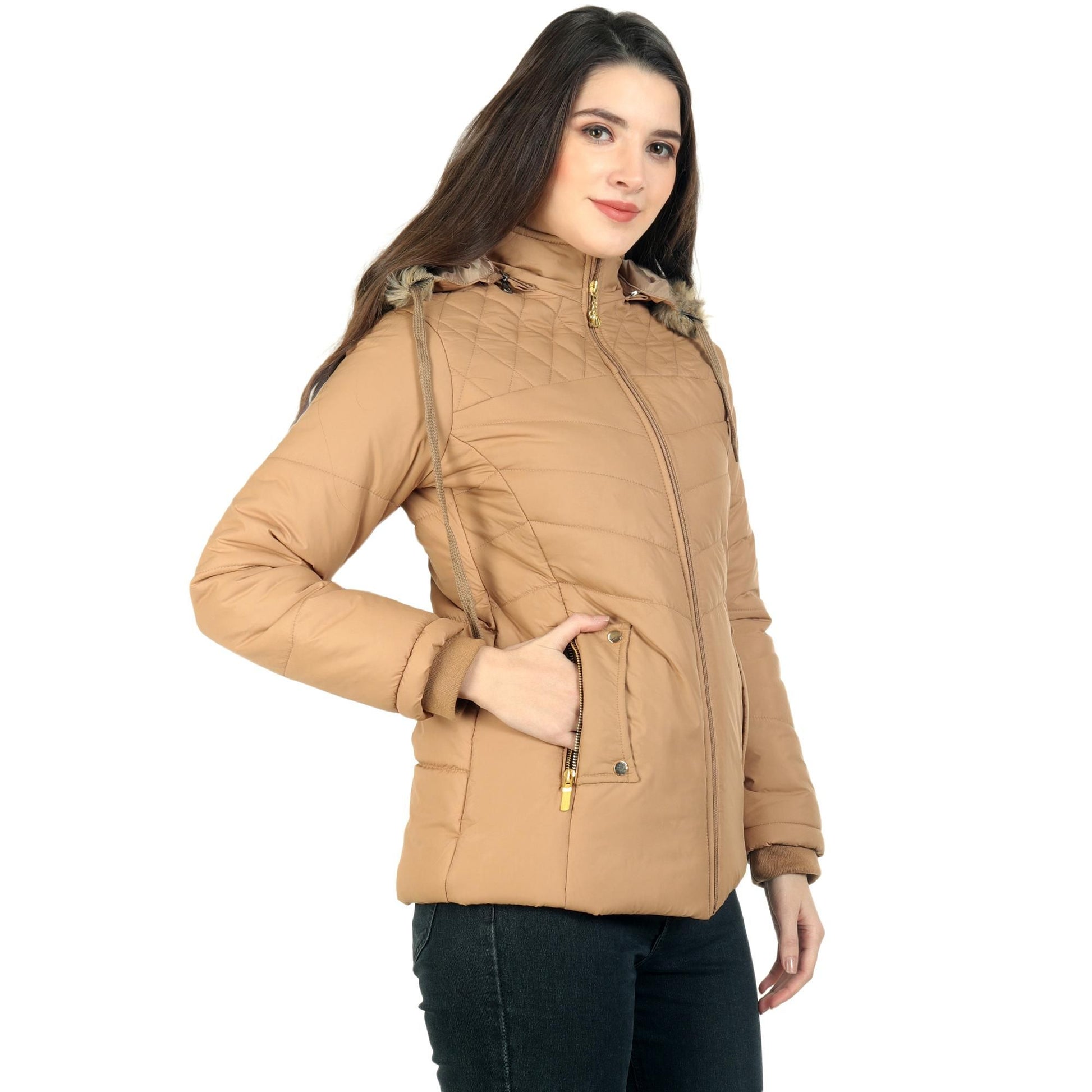 Women's Beige Winter Wear Full Sleeve Solid Puffer Jacket Success