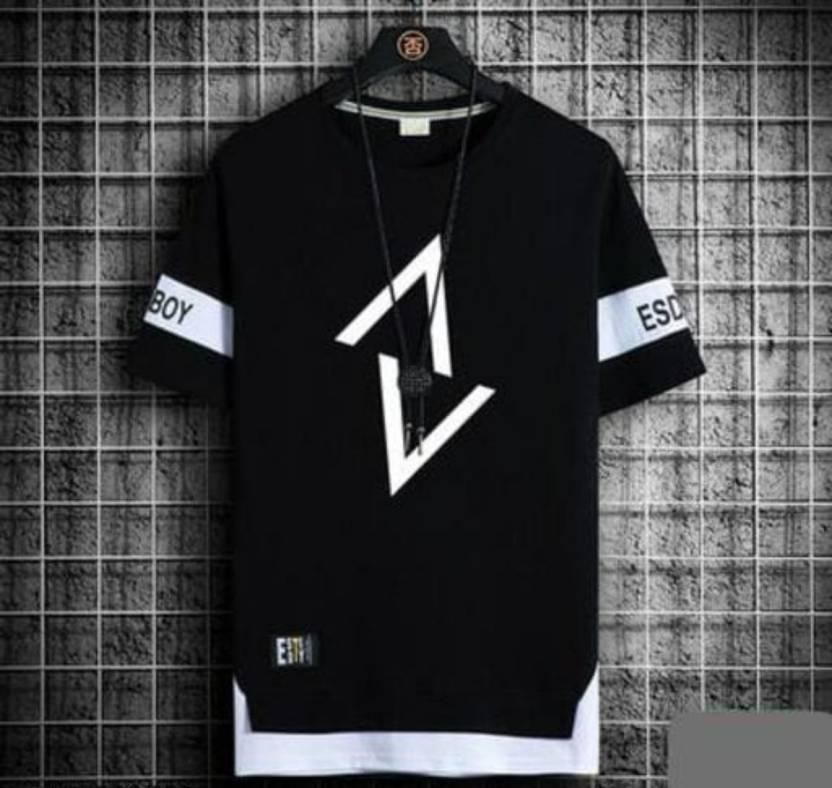 Men's Printed Round Neck Cotton Blend Black T-Shirt